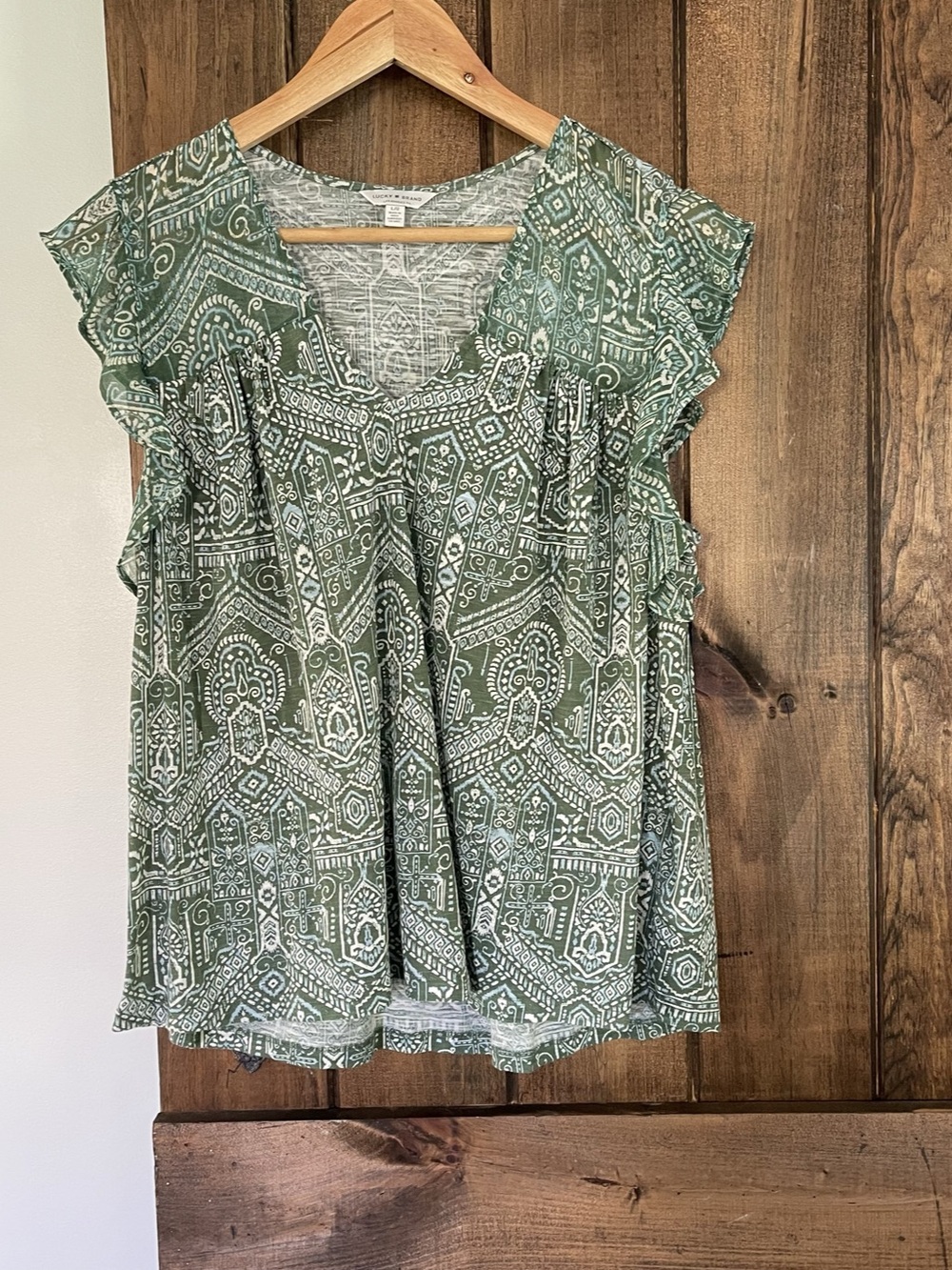 Lucky Brand Green Ruffle Sleeve Accent V Neck Boho Top Blouse